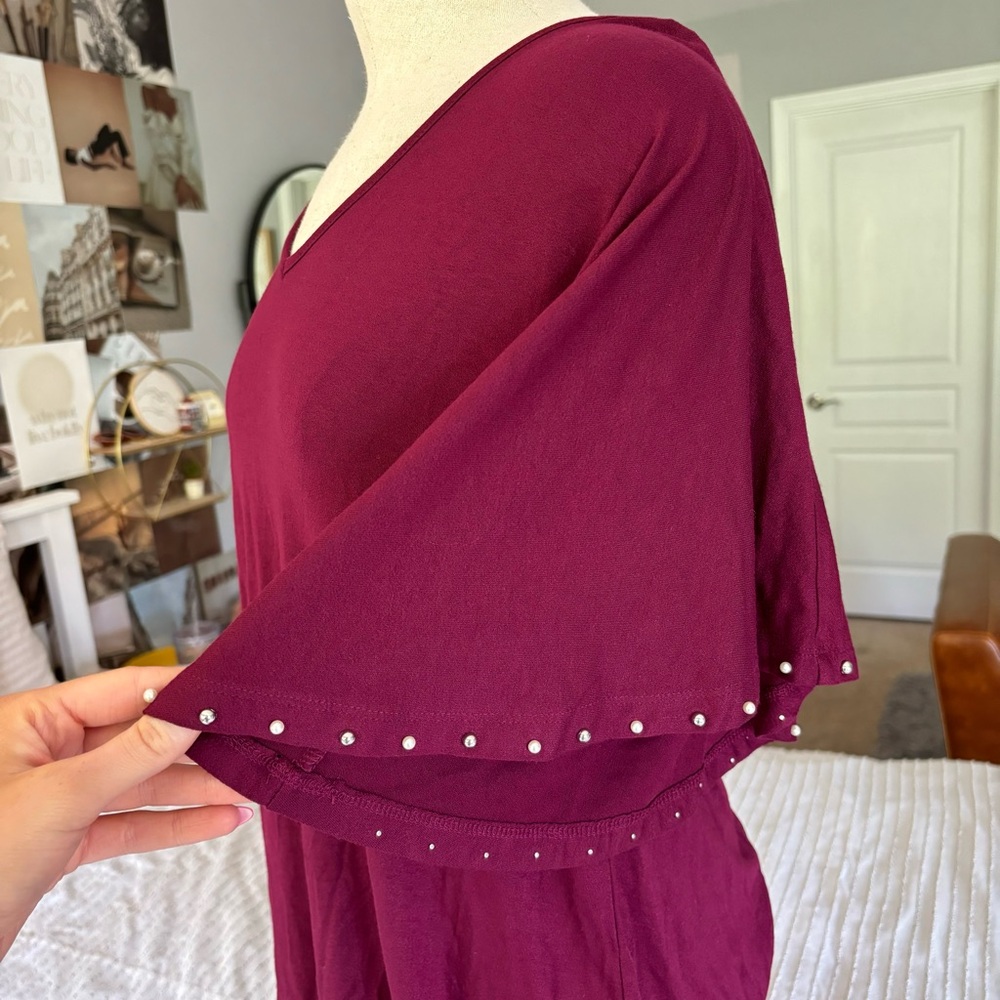 Burgundy Dress with Pearl-Detailed Sleeves